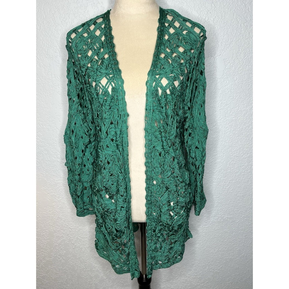 Chicos Travelers Cardigan Jacket Green Cardigan Open Knit Lace Sz 0 / S Resort